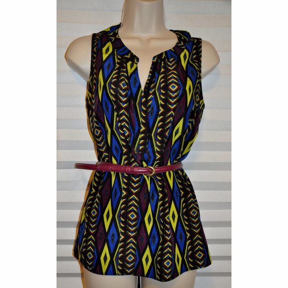 Love Note Tops - Sleeveless Summer Tunic Blouse by LOVE Note , Geometric pattern, size S